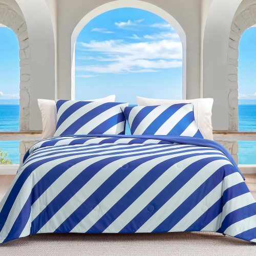 Snuggle Sac Mediterranean Stripe Cooling Comforter Twin Size Set, Q-Max ＞0.45 Cooling Blanket for Hot Sleepers & Night Sweats, Double-Sided Cool Tech Lightweight Breathable Summer Quilt, 68x90 Blue