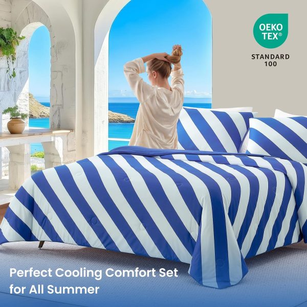 Snuggle Sac Mediterranean Stripe Cooling Comforter Twin Size Set, Q-Max ＞0.45 Cooling Blanket for Hot Sleepers & Night Sweats, Double-Sided Cool Tech Lightweight Breathable Summer Quilt, 68x90 Blue