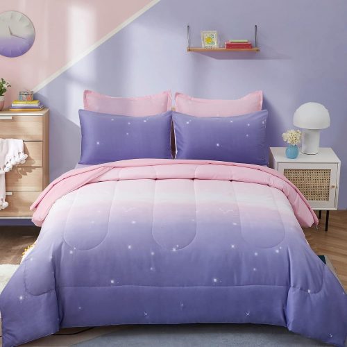 Girls Comforter Set Twin XL/Full Size Colorful Ombre Pink Purple Rainbow Bedding Set Bed in A Bag for Kid Teen Girls 7 PC (1 Comforter, 1 Flat Sheet, 1 Fitted Sheet, 2 Pillow shams, 2 Pillowcases)