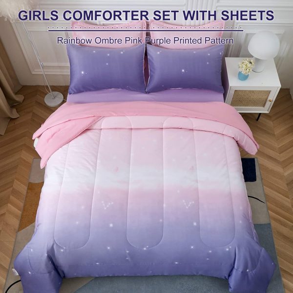 Girls Comforter Set Twin XL/Full Size Colorful Ombre Pink Purple Rainbow Bedding Set Bed in A Bag for Kid Teen Girls 7 PC (1 Comforter, 1 Flat Sheet, 1 Fitted Sheet, 2 Pillow shams, 2 Pillowcases)