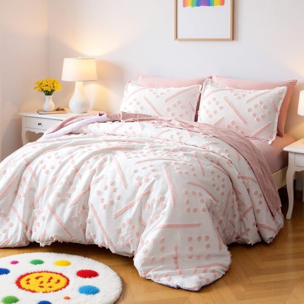Amazon Basics Kids' Pink Bedding Set, 7-Piece Jacquard Bed-in-a-Bag with Comforter, Fitted Sheet, Flat Sheet, Pillowcases, Pillow Shams, Deep Pocket 16", All-Season, Pink Tufted, Full/Queen