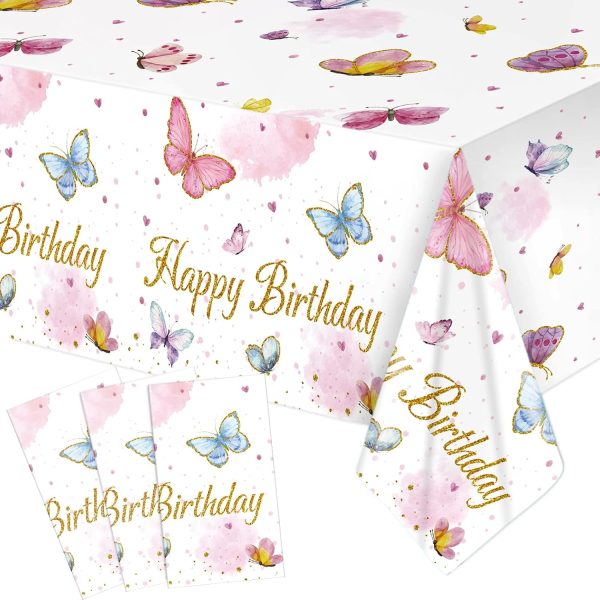 Tiamon 3 Pack Butterfly Happy Birthday Tablecloth Butterfly Party Decorations 108 x 54 Inch Watercolor Plastic Waterproof Table Covers Rectangular Disposable Decor for Girl Party Baby Shower