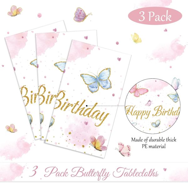 Tiamon 3 Pack Butterfly Happy Birthday Tablecloth Butterfly Party Decorations 108 x 54 Inch Watercolor Plastic Waterproof Table Covers Rectangular Disposable Decor for Girl Party Baby Shower