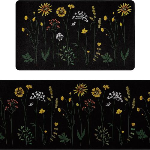 Rempry Colorful Floral Kitchen Mat for Floor, Non Slip Kitchen Rugs and Mat Set of 2, Waterproof Cushioned Anti Fatigue Kitchen Mat, 17"x47"+17"x29", Black