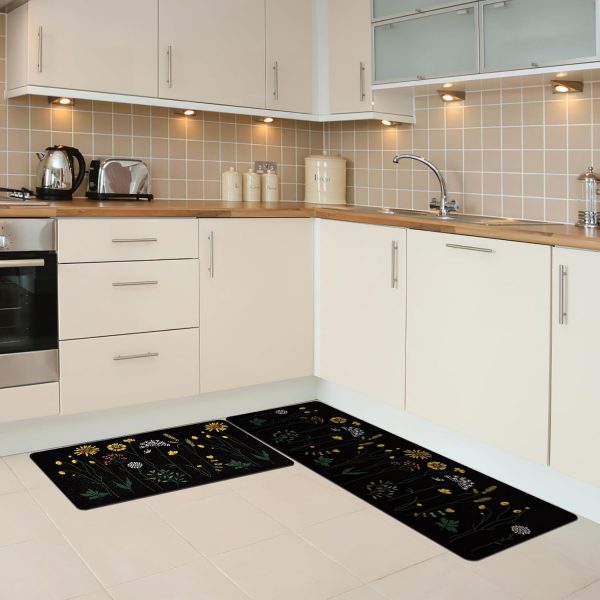 Rempry Colorful Floral Kitchen Mat for Floor, Non Slip Kitchen Rugs and Mat Set of 2, Waterproof Cushioned Anti Fatigue Kitchen Mat, 17"x47"+17"x29", Black