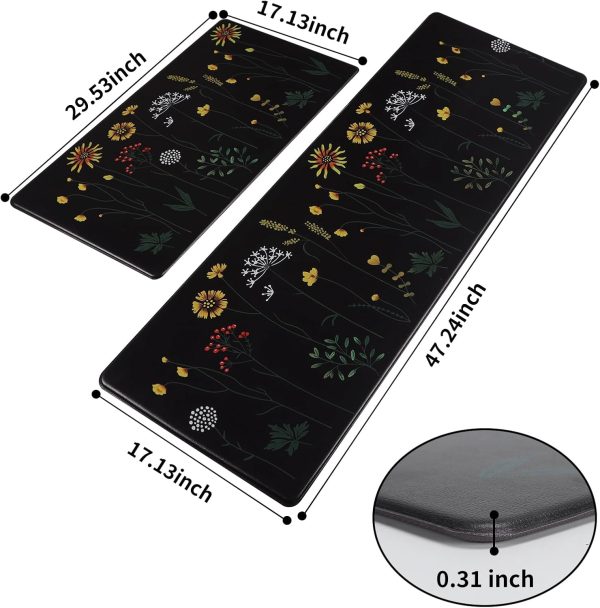 Rempry Colorful Floral Kitchen Mat for Floor, Non Slip Kitchen Rugs and Mat Set of 2, Waterproof Cushioned Anti Fatigue Kitchen Mat, 17"x47"+17"x29", Black