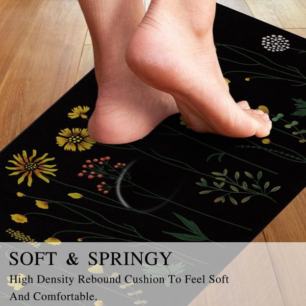 Rempry Colorful Floral Kitchen Mat for Floor, Non Slip Kitchen Rugs and Mat Set of 2, Waterproof Cushioned Anti Fatigue Kitchen Mat, 17"x47"+17"x29", Black