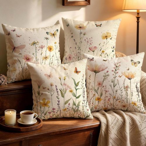 CTSEV-AP-1508_1 OBSEDE Whimsical Butterfly Garden Throw Pillow Covers 18x18 Inch Set of 4 | Comfy Botanical Butterfly Pattern, Smooth Hidden Zippers, Machine Washable, For Sofa Couch Bedroom Living Room Decor