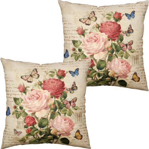 Vintage Rose Flower Pillow Covers Spring Summer Butterfly Floral Throw Pillow Covers 18x18 Set of 2 Rustic Rose Farmhouse Pillow Case Retro French Script Cushion Case for Sofa Bed