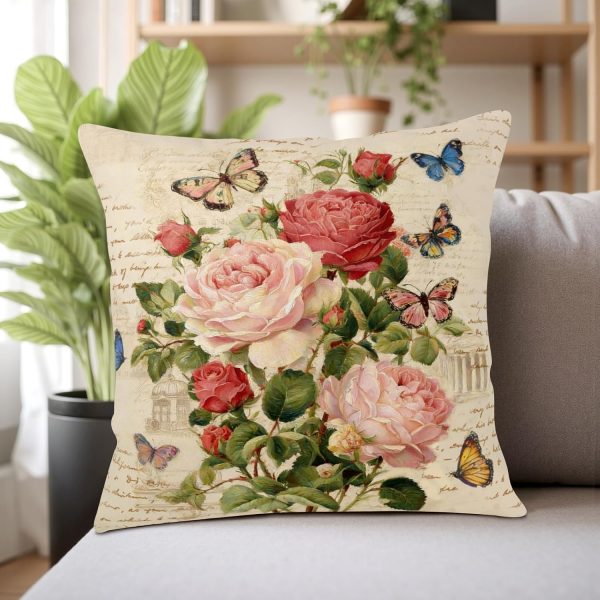 Vintage Rose Flower Pillow Covers Spring Summer Butterfly Floral Throw Pillow Covers 18x18 Set of 2 Rustic Rose Farmhouse Pillow Case Retro French Script Cushion Case for Sofa Bed