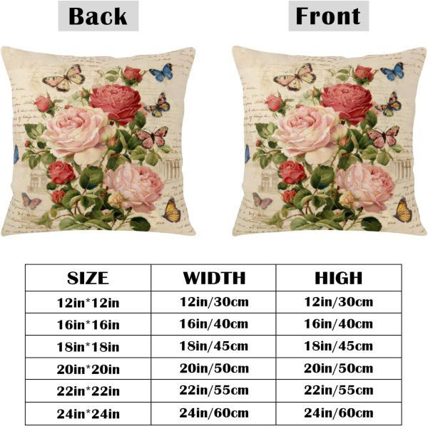 Vintage Rose Flower Pillow Covers Spring Summer Butterfly Floral Throw Pillow Covers 18x18 Set of 2 Rustic Rose Farmhouse Pillow Case Retro French Script Cushion Case for Sofa Bed