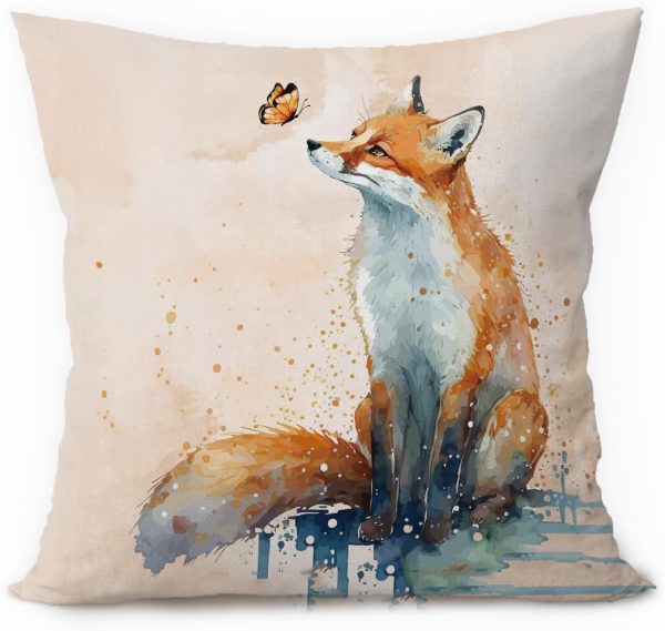 Fox Decor Pillow Cover 18x18, Watercolor Fox Animal Butterfly Decorative Throw Pillow Case for Bedroom Living Room Home
