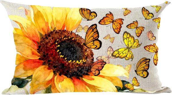 Ramirar Ink Painting Watercolor Yellow Orange Butterflies Sunflower Summer Decorative Lumbar Throw Pillow Cover Case Home Living Room Bed Sofa Car Cotton Linen Rectangular 12 x 20 Inches