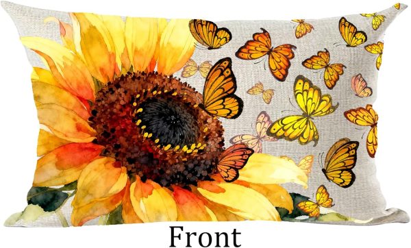Ramirar Ink Painting Watercolor Yellow Orange Butterflies Sunflower Summer Decorative Lumbar Throw Pillow Cover Case Home Living Room Bed Sofa Car Cotton Linen Rectangular 12 x 20 Inches