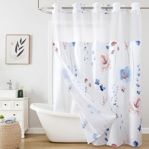 CTSEV-AP-1755_1 QiyI Flower Shower Curtain with Snap in Fabric Liner, Blue Watercolor Floral Cloth Bath Curtains, No Hook Shower Curtains with Mesh Top Window, Fabric Waterproof Bathroom Curtain Set, 72 x 75 Inch