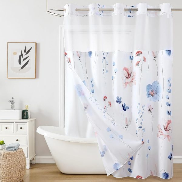 CTSEV-AP-1755_1 QiyI Flower Shower Curtain with Snap in Fabric Liner, Blue Watercolor Floral Cloth Bath Curtains, No Hook Shower Curtains with Mesh Top Window, Fabric Waterproof Bathroom Curtain Set, 72 x 75 Inch