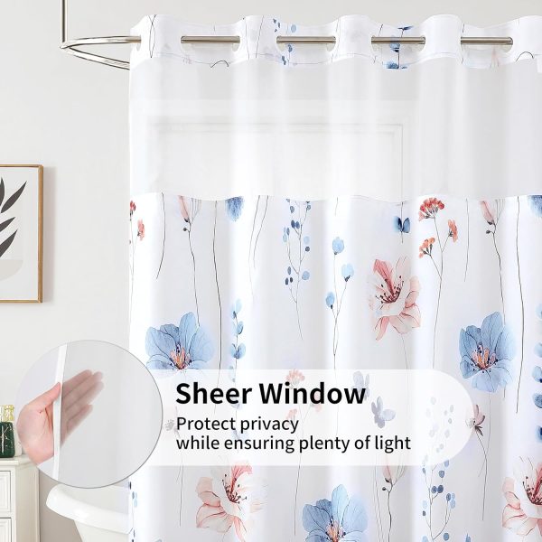 CTSEV-AP-1755_2 QiyI Flower Shower Curtain with Snap in Fabric Liner, Blue Watercolor Floral Cloth Bath Curtains, No Hook Shower Curtains with Mesh Top Window, Fabric Waterproof Bathroom Curtain Set, 72 x 75 Inch