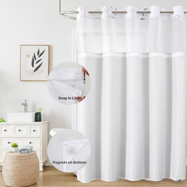 CTSEV-AP-1755_3 QiyI Flower Shower Curtain with Snap in Fabric Liner, Blue Watercolor Floral Cloth Bath Curtains, No Hook Shower Curtains with Mesh Top Window, Fabric Waterproof Bathroom Curtain Set, 72 x 75 Inch