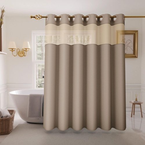 Inhousolu No Hook Shower Curtain with Snap-in Fabric Liner, Waffle Weave 230 GSM Polyester, Weighted Hem, Water Repellent Washable, Mesh Top Window 72" W x 72" L Beige