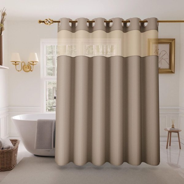 Inhousolu No Hook Shower Curtain with Snap-in Fabric Liner, Waffle Weave 230 GSM Polyester, Weighted Hem, Water Repellent Washable, Mesh Top Window 72" W x 72" L Beige