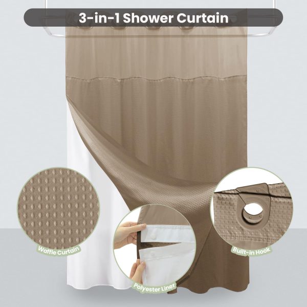 Inhousolu No Hook Shower Curtain with Snap-in Fabric Liner, Waffle Weave 230 GSM Polyester, Weighted Hem, Water Repellent Washable, Mesh Top Window 72" W x 72" L Beige