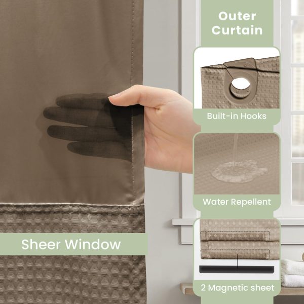 Inhousolu No Hook Shower Curtain with Snap-in Fabric Liner, Waffle Weave 230 GSM Polyester, Weighted Hem, Water Repellent Washable, Mesh Top Window 72" W x 72" L Beige