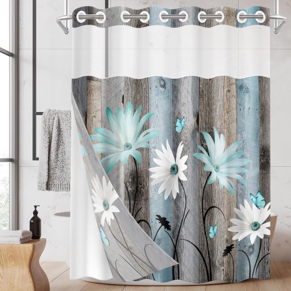 No Hook Shower Curtain with Snap in Liner 71x74 Inch Teal Daisy