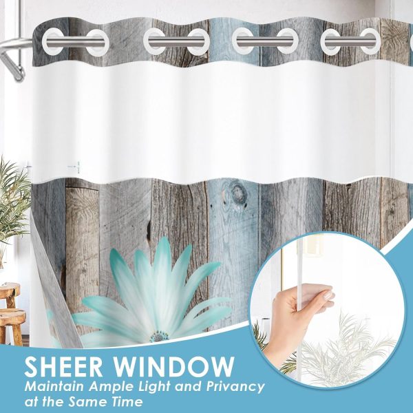 No Hook Shower Curtain with Snap in Liner 71x74 Inch Teal Daisy