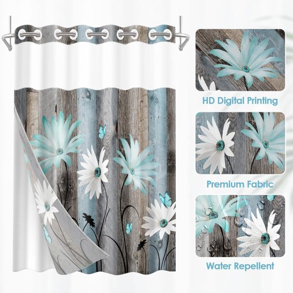 No Hook Shower Curtain with Snap in Liner 71x74 Inch Teal Daisy