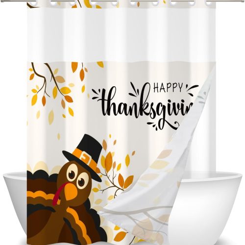 Turkey Thanksgiving Day No Hook Shower Curtain with Snap in Liner Happy Thanksgiving Bathroom Curtains Fall Autumn Leaves See Through Top Window Double Layers Shower Curtains 71x74 in