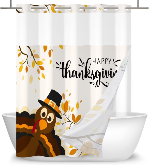 Turkey Thanksgiving Day No Hook Shower Curtain with Snap in Liner Happy Thanksgiving Bathroom Curtains Fall Autumn Leaves See Through Top Window Double Layers Shower Curtains 71x74 in