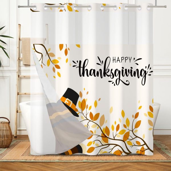 Turkey Thanksgiving Day No Hook Shower Curtain with Snap in Liner Happy Thanksgiving Bathroom Curtains Fall Autumn Leaves See Through Top Window Double Layers Shower Curtains 71x74 in