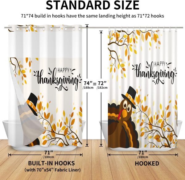 Turkey Thanksgiving Day No Hook Shower Curtain with Snap in Liner Happy Thanksgiving Bathroom Curtains Fall Autumn Leaves See Through Top Window Double Layers Shower Curtains 71x74 in