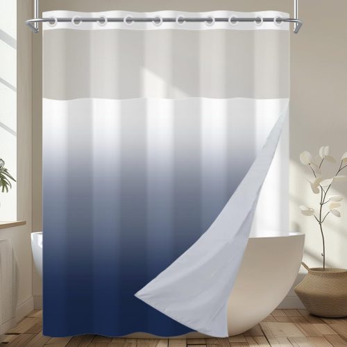 No Hook Shower Curtain with Snap in Fabric Liner Set, Ombre Deep Blue Modern Hotel Style Double Layer Shower Curtain for Bathroom with Top Sheer Window, 71"X74"