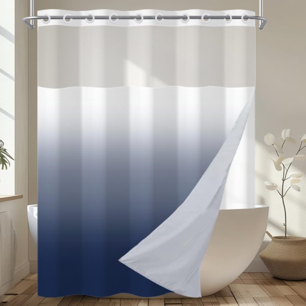 No Hook Shower Curtain with Snap in Fabric Liner Set, Ombre Deep Blue Modern Hotel Style Double Layer Shower Curtain for Bathroom with Top Sheer Window, 71"X74"