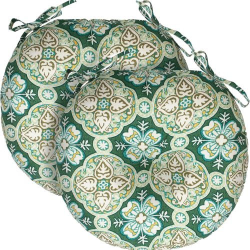 Outdoor Round Bistro Chair Cushions Set of 2, 15x15x4Inch-Green Medal | Round Outdoor Chair Cushions for Patio Furniture, Water-Resistant, Patio Tufted Chair Pads for Home Garden