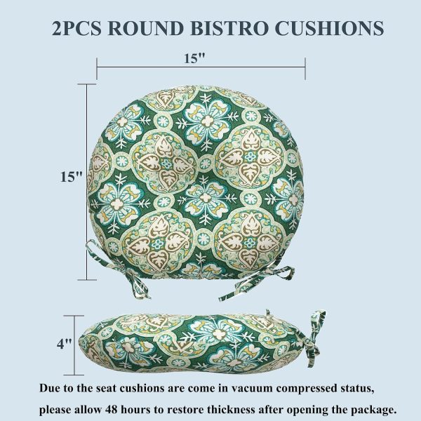 CTSEV-AP-2278_3 Outdoor Round Bistro Chair Cushions Set of 2, 15x15x4Inch-Green Medal | Round Outdoor Chair Cushions for Patio Furniture, Water-Resistant, Patio Tufted Chair Pads for Home Garden