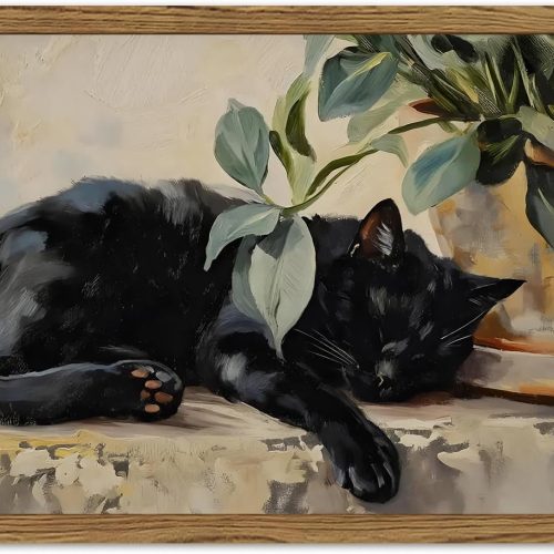 Framed Black Cat Canvas Wall Art, Vintage Sleeping Cat with Plant Picture Wall Decor Paintings, Cute Animal Poster Prints Rustic Aesthetic Home Decor for Living room Bedroom Bathroom 8x10 inch