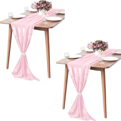 Pufogu 2 Pack 10Ft Light Pink Chiffon Table Runner Sheer 29x120 Inch | Blushing Pink Runner, Boho Romantic Wedding Decor Bridal & Baby Shower Birthday Rustic Party Decoration