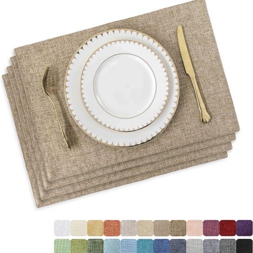 CTSEV-AP-853_1 Home Brilliant Linen Placemats Set of 4 Heat Resistant Dining Table Cloth Place Mats Kitchen Table Mats Placemats Table Decor, Natural Linen