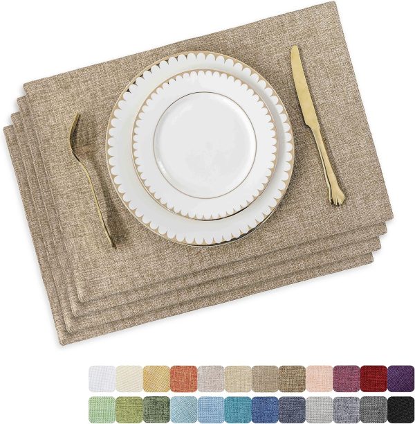 CTSEV-AP-853_1 Home Brilliant Linen Placemats Set of 4 Heat Resistant Dining Table Cloth Place Mats Kitchen Table Mats Placemats Table Decor, Natural Linen