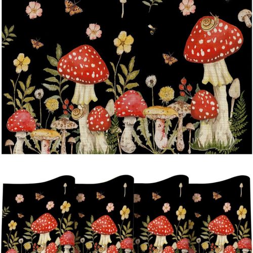 Artoid Mode Mushroom Moth Wild Flowers Placemats Set of 4, 12x18 Inch Plastic Woven Wipeable Non-Slip PVC Place Mats for Party Kitchen Dining Decor