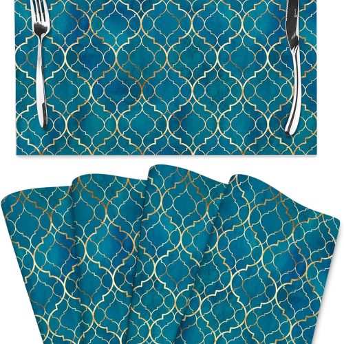 Blue Teal and Gold Modern Placemats Set of 4, Retro Table Mats Washable Heat Resistant Non-Slip for Kitchen Dinner Holiday Party Farmhouse Home Decor, Linen 12"x18"