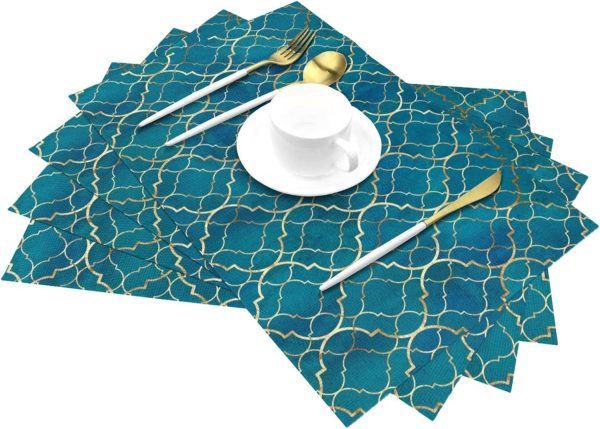 Blue Teal and Gold Modern Placemats Set of 4, Retro Table Mats Washable Heat Resistant Non-Slip for Kitchen Dinner Holiday Party Farmhouse Home Decor, Linen 12"x18"