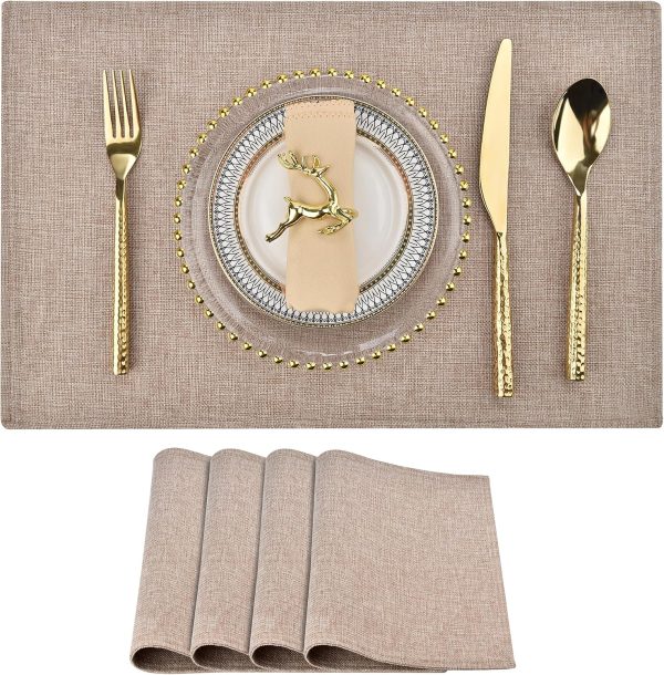 SLKQG Faux Linen Placemats Set of 4, Heat Resistant Washable Double Layer Cloth Place Mats for Dining Table, Wrinkle Resistant Linen Textured Farmhouse Kitchen Decor (4, Natural Linen)