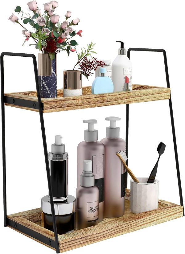 Dorhors Bathroom Counter Organizer,Vanity Countertop Storage Shelf | 2 Tier Rustic Brown Counter Storage for Bathroom Kitchen,Dresser,Wood Standing Rack for Skincare,Perfume,Makeup