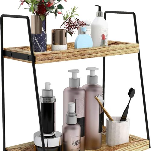 CTSEV-AP-S80677_1 Dorhors Bathroom Counter Organizer,Vanity Countertop Storage Shelf | 2 Tier Rustic Brown Counter Storage for Bathroom Kitchen,Dresser,Wood Standing Rack for Skincare,Perfume,Makeup