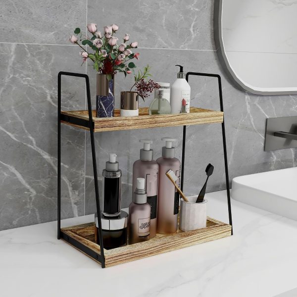Dorhors Bathroom Counter Organizer,Vanity Countertop Storage Shelf | 2 Tier Rustic Brown Counter Storage for Bathroom Kitchen,Dresser,Wood Standing Rack for Skincare,Perfume,Makeup