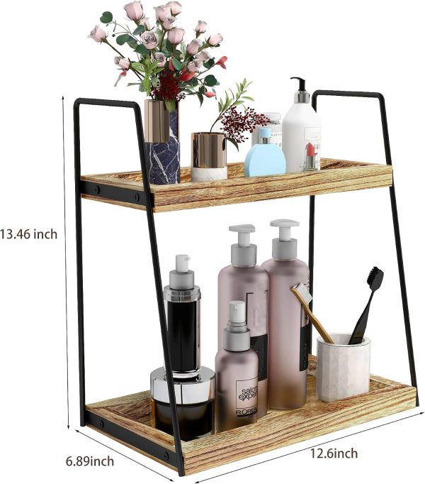 Dorhors Bathroom Counter Organizer,Vanity Countertop Storage Shelf | 2 Tier Rustic Brown Counter Storage for Bathroom Kitchen,Dresser,Wood Standing Rack for Skincare,Perfume,Makeup