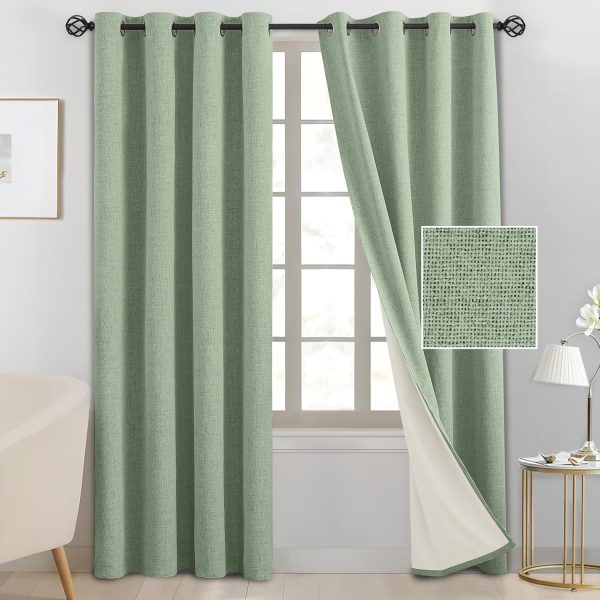 SimpleHome Light Sage Green Linen Curtains for Living Room,84 Inch 2 Panels | Curtains for Bedroom,100% Blackout Faux Linen Textured Curtains,Living Room Curtains Grommet Solid with White Liner,52W x 84L